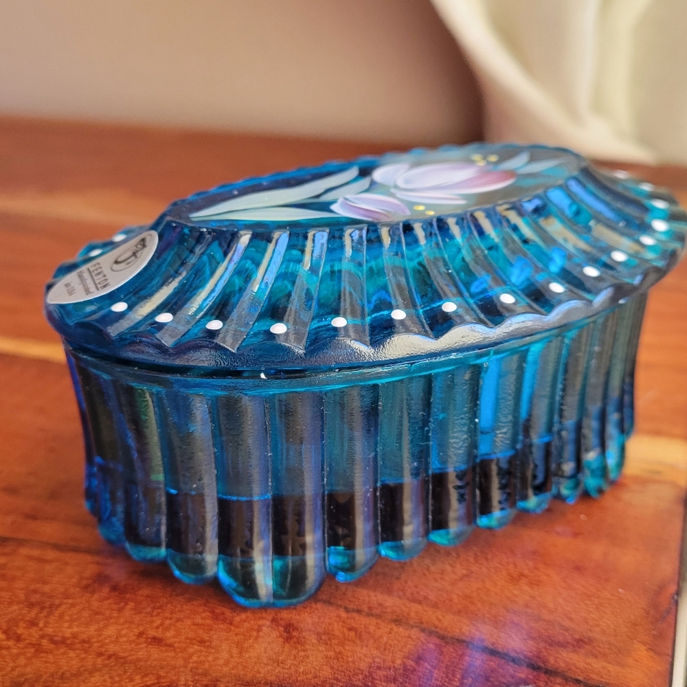Vintage Fenton Art Glass USA Oval Turquoise Blue Color Hand Painted Floral RARE - Picture 3 of 13